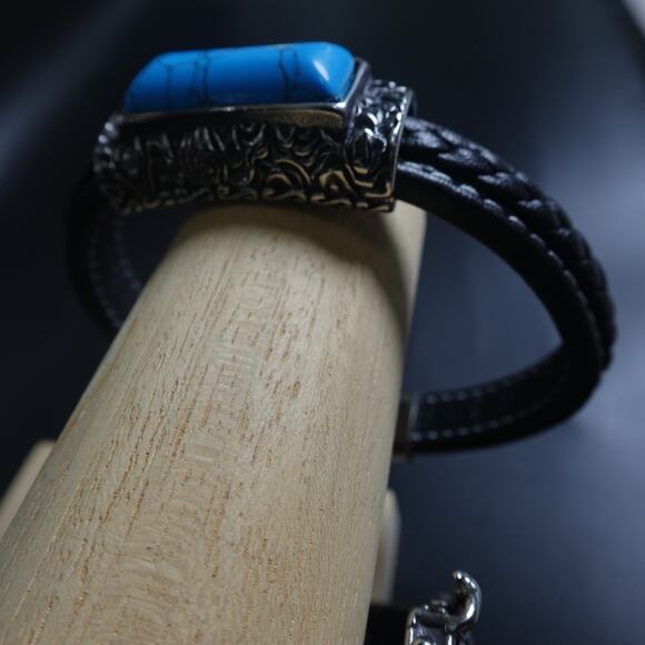 Stainless Steel & Leather Bracelet w/ Turquoise Stone SBR-6746 - Picture 9 of 10